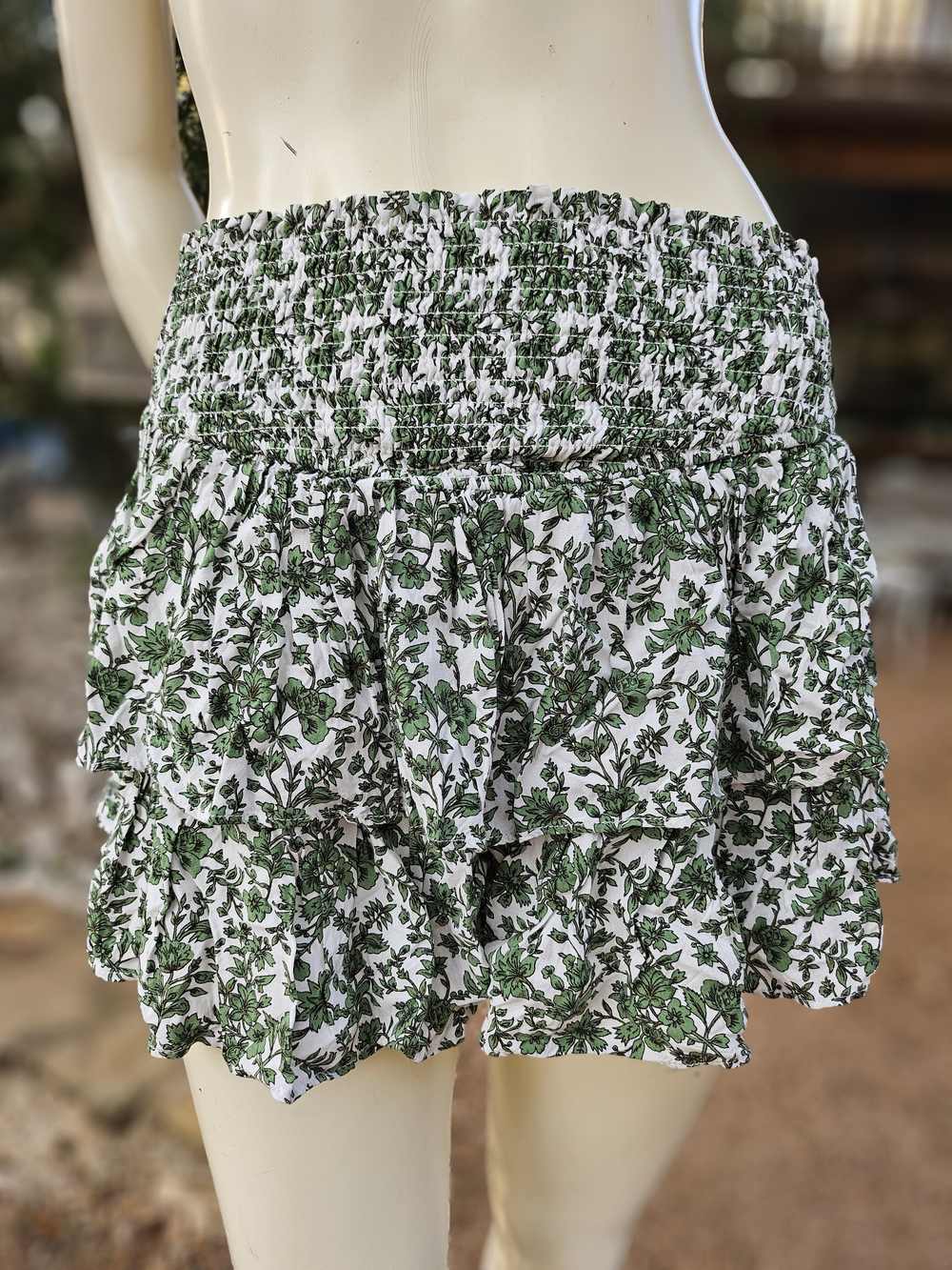 Blue Rain X Francesca White Ruffled Mini Skirt with Green Floral Print XS